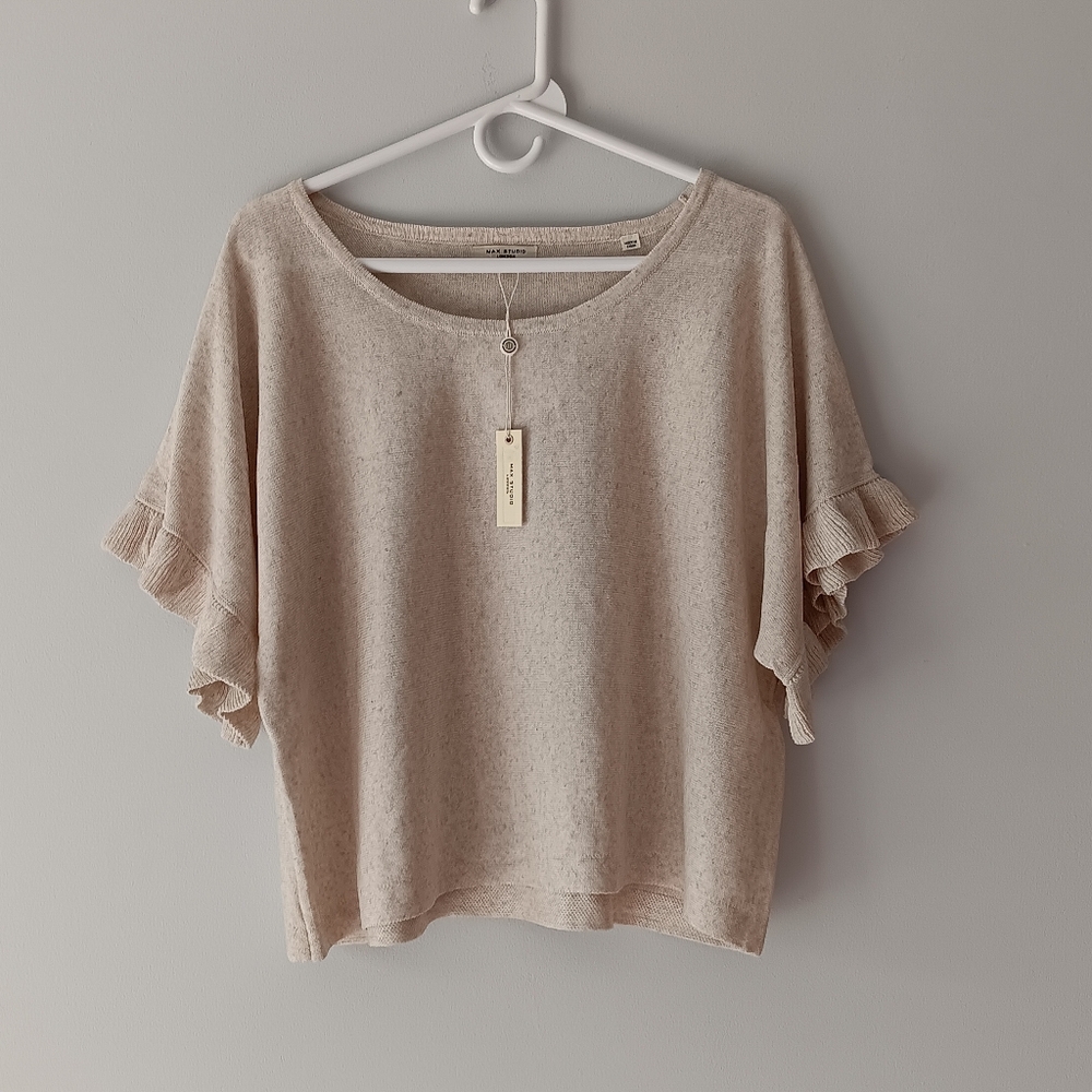 New Max Studio Linen Blend Short Dolman Sleeve Knit Top Oyster Beige Medium - Picture 5 of 9